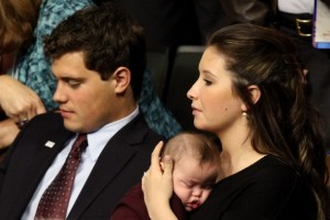 Levi Johnston and Bristol together in a Palin-McCain at the Republican Convention. "Fortunatly, Gov. Palin lends us her baby so we can practice parenthood while we have our own," commented Johnston.